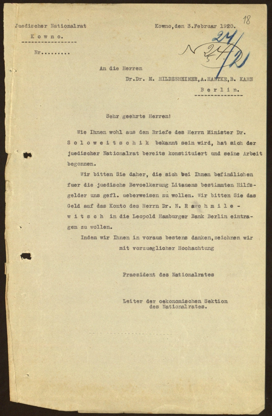 Jüdischer Nationalrat Kowno, Kowno, 3. Februar 1920